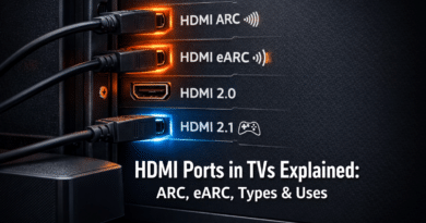 TV HDMI ports ARC eARC 2.0 2.1 labeled with icons for audio gaming uses