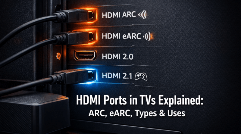TV HDMI ports ARC eARC 2.0 2.1 labeled with icons for audio gaming uses