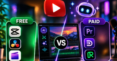 AI video editing thumbnail showing a laptop with editing timeline, split “Free vs Paid” tools comparison, with app icons on both sides and a glowing VS symbol in the center.