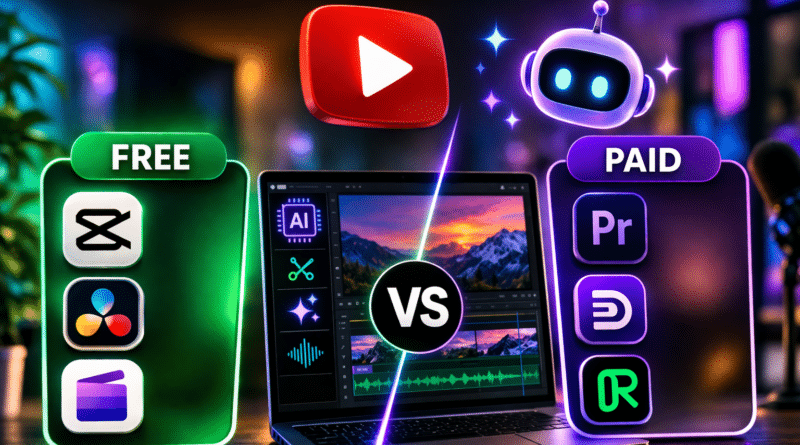 AI video editing thumbnail showing a laptop with editing timeline, split “Free vs Paid” tools comparison, with app icons on both sides and a glowing VS symbol in the center.