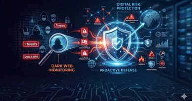 Digital Risk Protection and Dark Web Monitoring concept showing cybersecurity analyst monitoring dark web threats, credential leaks, phishing domains, and external digital risks.