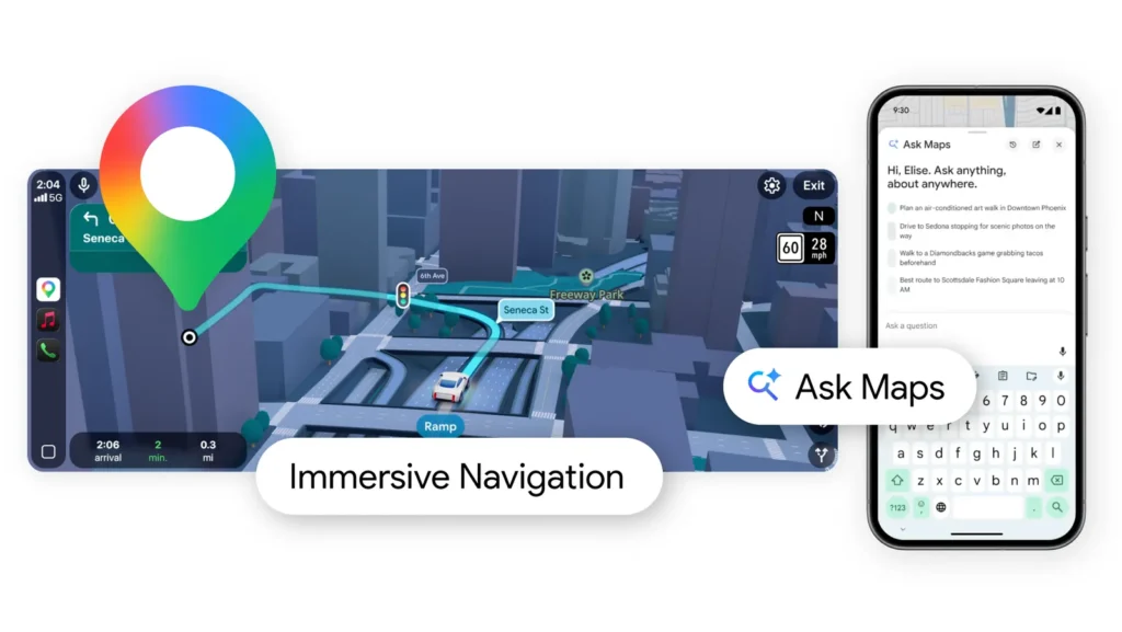 Google Maps Ask Maps AI feature with immersive navigation showing 3D route guidance and smart location recommendations powered by Gemini AI
