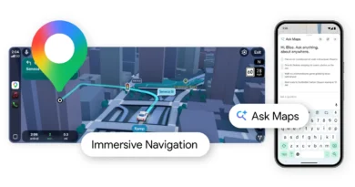 Google Maps Ask Maps AI feature with immersive navigation showing 3D route guidance and smart location recommendations powered by Gemini AI