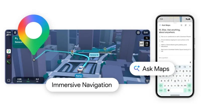 Google Maps Ask Maps AI feature with immersive navigation showing 3D route guidance and smart location recommendations powered by Gemini AI
