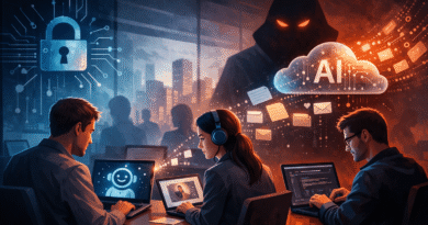Shadow AI cybersecurity risk illustration showing employees using unauthorized AI tools while company data flows to external AI systems.