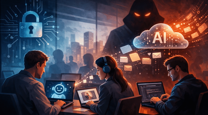 Shadow AI cybersecurity risk illustration showing employees using unauthorized AI tools while company data flows to external AI systems.