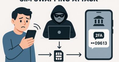 SIM swap fraud cybersecurity illustration showing hacker hijacking a mobile SIM card to intercept OTP messages and gain unauthorized access to accounts.