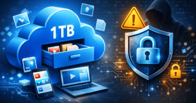 TeraBox 1TB free cloud storage concept with secure data protection shield and lock, showing cloud storage and cybersecurity theme