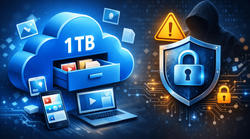 TeraBox 1TB free cloud storage concept with secure data protection shield and lock, showing cloud storage and cybersecurity theme