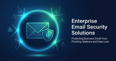 Illustration of a protected email envelope with a security shield and blocked cyber threat icons, symbolizing enterprise email security solutions
