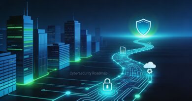 Enterprise cybersecurity roadmap illustration with secure shield, network path, and modern corporate cityscape on dark blue background