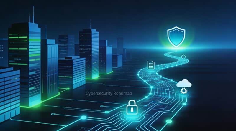 Enterprise cybersecurity roadmap illustration with secure shield, network path, and modern corporate cityscape on dark blue background
