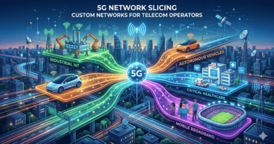 An illustrative graphic showing a glowing central 5G tower in a futuristic city, radiating distinct neon-colored data paths to different sectors like Industrial IoT, Autonomous Vehicles, Critical Healthcare, and Mobile Broadband, symbolizing 5G network slicing.