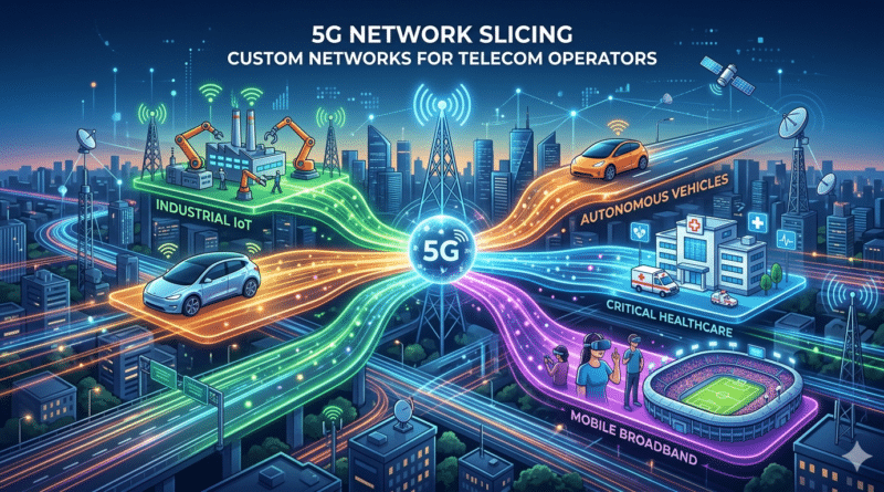 An illustrative graphic showing a glowing central 5G tower in a futuristic city, radiating distinct neon-colored data paths to different sectors like Industrial IoT, Autonomous Vehicles, Critical Healthcare, and Mobile Broadband, symbolizing 5G network slicing.