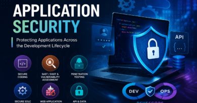 Modern application security concept featuring a laptop with a digital shield and lock, illustrating secure coding, SAST/DAST testing, penetration testing, WAF, API protection, and DevSecOps in a high-tech blue interface.