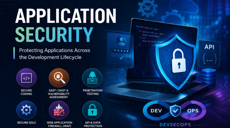 Modern application security concept featuring a laptop with a digital shield and lock, illustrating secure coding, SAST/DAST testing, penetration testing, WAF, API protection, and DevSecOps in a high-tech blue interface.