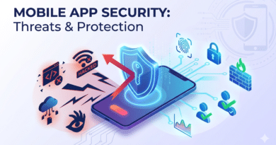 An isometric illustration of a smartphone protected by a digital shield and key, surrounded by icons representing mobile security threats like hacking and malware on the left, and protection strategies like biometrics, firewalls, and encryption on the right.