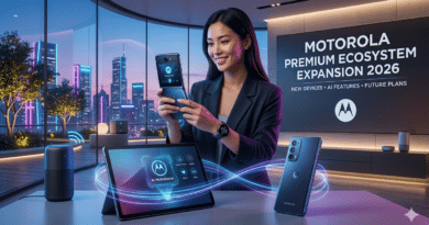 Motorola premium ecosystem showcasing smartphone, foldable phone, smartwatch, wireless earbuds, smart tracker and connected devices with modern futuristic technology background.