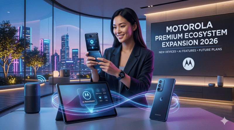 Motorola premium ecosystem showcasing smartphone, foldable phone, smartwatch, wireless earbuds, smart tracker and connected devices with modern futuristic technology background.