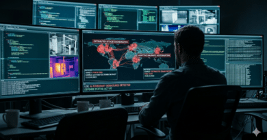 A cybersecurity professional sits in a dark command center, viewed from behind, facing a massive array of glowing monitors. The central screen displays a high-tech global map with interconnected red nodes and data streams, labeled with "Adaptive Malware Dissemination" and "AI Adversary Signatures Detected," illustrating the realistic scale of automated, AI-driven cyberattacks.