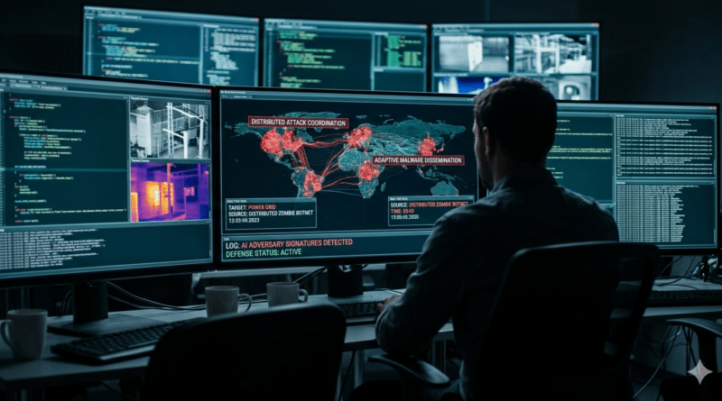 A cybersecurity professional sits in a dark command center, viewed from behind, facing a massive array of glowing monitors. The central screen displays a high-tech global map with interconnected red nodes and data streams, labeled with "Adaptive Malware Dissemination" and "AI Adversary Signatures Detected," illustrating the realistic scale of automated, AI-driven cyberattacks.