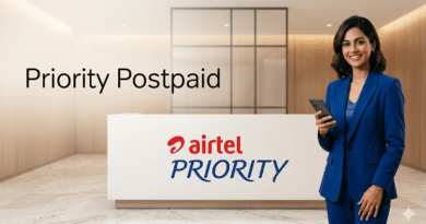The desk features the "Airtel PRIORITY" logo, and the words "Priority Postpaid" are displayed in clean black text on the wall.