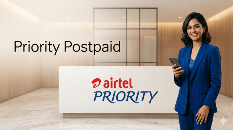 The desk features the "Airtel PRIORITY" logo, and the words "Priority Postpaid" are displayed in clean black text on the wall.
