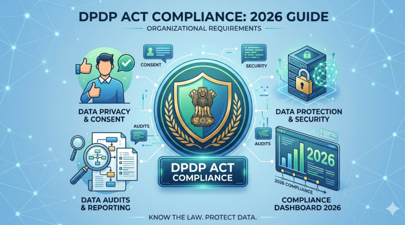 An infographic illustration outlining DPDP Act compliance requirements for organizations in 2026, featuring icons for data privacy, consent, audits, and data protection security with a central Ashoka pillar shield emblem.