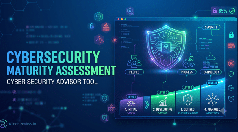 Cybersecurity Maturity Assessment banner for Cyber Security Advisor Tool featuring maturity levels and RTechReview.in logo.